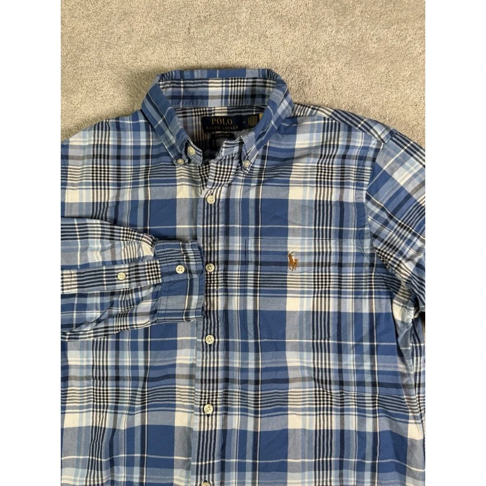 Polo Ralph Lauren Shirt Mens Medium Blue Plaid Oxford Flesh Pony Button Up